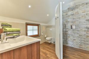 a bathroom with a sink and a toilet at Jörgishof in Untertscheltsch