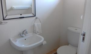 a bathroom with a sink and a toilet and a mirror at Marlin Cottage in Chintsa