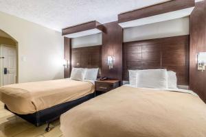 Rodeway Inn & Suites Houston near Medical Center في هيوستن: غرفة فندقية بسريرين وجدران خشبية
