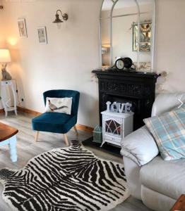 uma sala de estar com um tapete de zebra e uma cadeira azul em The Hen House em Carrick on Shannon