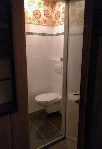 a bathroom with a white toilet in a room at Gamla Skolan Bed And Breakfast in Gubbhögen