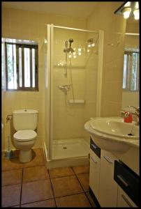 a bathroom with a shower and a toilet and a sink at BUNGALOW-PARK LAS DOS TARTANAS in Hospitalet de l'Infant