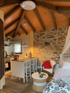 cocina y sala de estar con pared de piedra en La Salina - Complejo Turistico Rural CaleaCabo, en Biescas