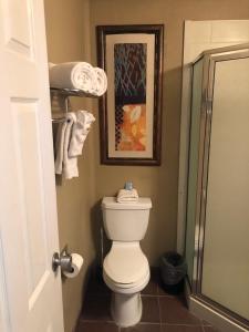 a bathroom with a toilet and a picture on the wall at Howard Johnson by Wyndham Odessa TX in Odessa