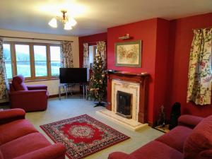 a living room with a fireplace and a christmas tree at Llinos Cottage in Beaumaris