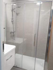 W łazience znajduje się prysznic ze szklanymi drzwiami. w obiekcie Arsenal Highbury & Islington Beautifully Presented w Londynie