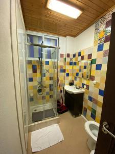 een badkamer met een douche en een wastafel bij Azeitão Duplex with pool 25 min from Lisbon in Azeitao