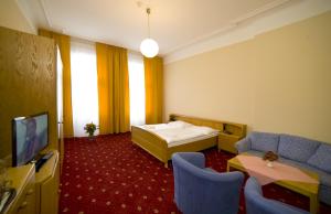 a room with a bed and a couch and a tv at Hotel Palacky in Karlovy Vary