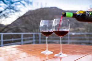 a person pouring red wine into two wine glasses at Ferienwohnung *Am Bronnwiesle* in Deggingen