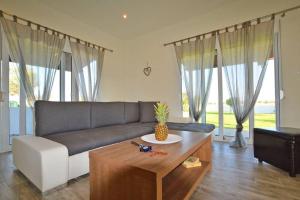 a living room with a couch and a coffee table at Renes Paradise Seahome - Afandou Beach, Rhodes in Rhodes Town