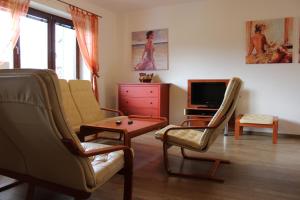 sala de estar con 2 sillas y TV en Holiday House - Blue Antik 101 Lipno Home, en Lipno nad Vltavou