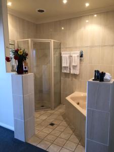 a bathroom with a shower and a bath tub at Turners Vineyard Motel in Orange