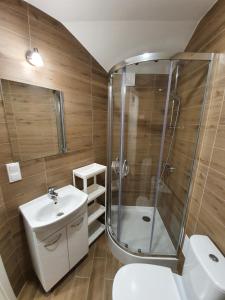 a bathroom with a shower and a sink and a toilet at Pokoje na poddaszu czwarte piętro Ustka in Ustka