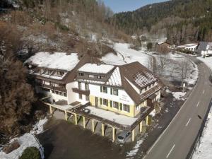 una vista aérea de una casa con techo cubierto de nieve en BE ME Black Forest Family Apartment -Zum Letzten G'Stehr, en Bad Rippoldsau