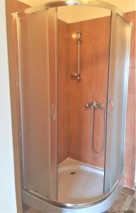 a shower with a glass door in a bathroom at Guest House Domig in Ličko Lešće