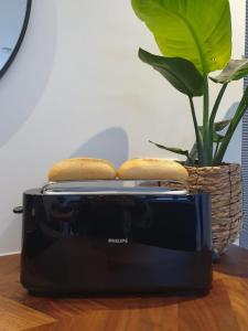 einem schwarzen Toaster, der auf einem Tisch mit Pflanze sitzt in der Unterkunft Studio Smidt in Den Burg