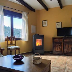 sala de estar con chimenea y TV en Casa Rural Las Nogueras, en Caserío Arroyofrío
