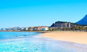 a beach with buildings and palm trees and the ocean at Las Delas in Denia