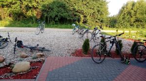a group of bikes parked on a gravel road at Przy Trójstyku in Dubeninki