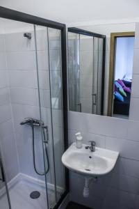 a bathroom with a sink and a shower at Apartamenty Babina in Kalisz