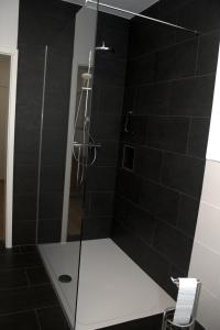 a bathroom with a shower with black tiles at Bella Colonia Vieren in Hürth