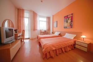 a hotel room with two beds and a flat screen tv at Apartments Flora-Daisy in Borovets