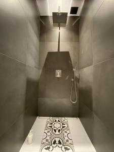 La salle de bains est pourvue d'une douche et de toilettes. dans l'établissement Nordischer Hof Apartments, à Toruń