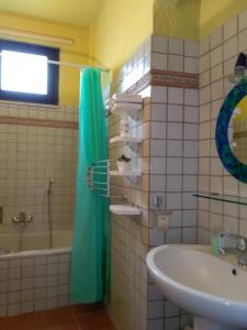 La salle de bains est pourvue d'un rideau de douche bleu et d'un lavabo. dans l'établissement Apartment Benjamin, à Chieri