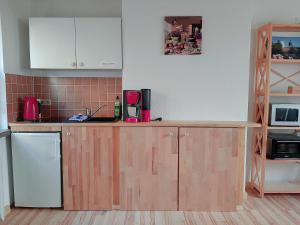 a kitchen with a wooden counter top and a refrigerator at Fewo "Seerose" am Stadtpark in Lutherstadt Wittenberg