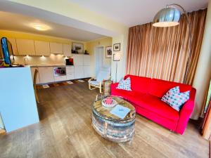 ein Wohnzimmer mit einem roten Sofa und einem Tisch in der Unterkunft Villa Theresa - Ferienwohnung 1 in Neuhof