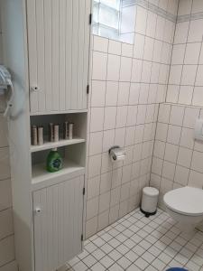 Baño blanco con aseo y lavamanos en City-Appartement Vogel, en Coblenza