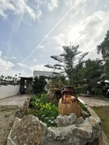 un grande vaso seduto su una roccia in un giardino di La Casa Nella Pineta - Gallipoli a Gallipoli