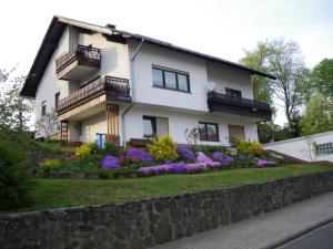 a white house with flowers in front of it at Pension Haus Ludwig in Schotten