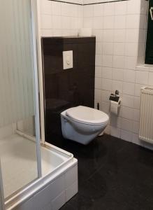 a bathroom with a toilet and a bath tub at Apartement in Siedlung Schönwalde