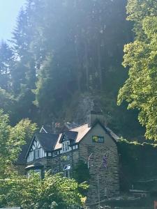 a stone house in the middle of a forest at The Vagabond Bunkhouse in Betws-y-coed