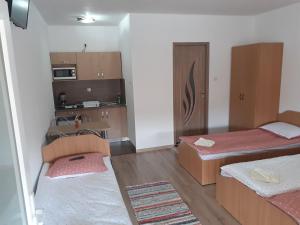 a small room with two beds and a kitchen at Kacsó Apartma in Ocna de Sus