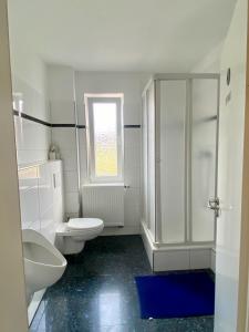 a white bathroom with a toilet and a shower at Eurostopas in Bremen