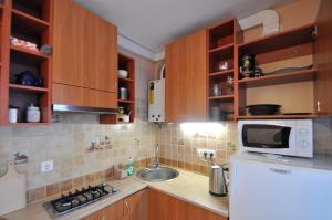 a kitchen with wooden cabinets and a white refrigerator at Grafovi Apartments in Narva