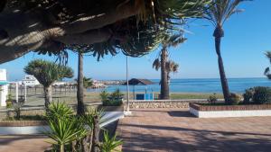 uma vista para a praia a partir de um resort com palmeiras em Apartamento 409 marina Real Puerto de la Duquesa playa em Manilva
