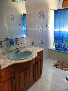 uma casa de banho com um lavatório e um chuveiro azul em Casa Felix em Sant Jaume d'Enveja