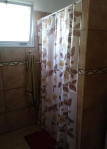 La salle de bains est pourvue d'un rideau de douche avec des feuilles. dans l'établissement Cabañas Olla Vieja, à Santa Rosa de Calamuchita