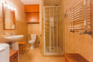 a bathroom with a shower and a toilet and a sink at Apartamenty Świnoujście - Baltic Park Promenada in Świnoujście