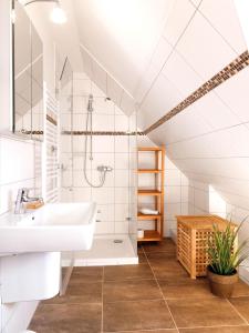 a bathroom with a sink and a shower at Bernsteinhof in Kaltenhof