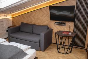 a living room with a couch and a tv at Vysoka Khata 4 in Lviv