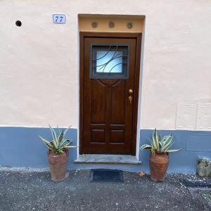 uma porta castanha com dois vasos de plantas à frente em Alloggio turistico em Capodimonte