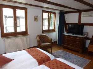 a bedroom with two beds and a tv and a chair at Chez Norbert in Bergheim