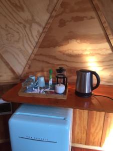 ein Tablett mit einem Kühlschrank und einem Wasserkocher in der Unterkunft Huiro Lodge in Puerto Corral