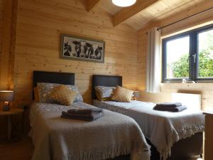 two beds in a room with wooden walls at Pound Farm Holidays - Orchard Lodge in Cullompton