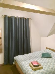 1 dormitorio con 1 cama con cortina azul en Sémard, en Brive-la-Gaillarde