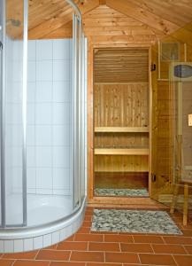 ein Bad mit einer Dusche und einer Badewanne in einem Zimmer in der Unterkunft Reetdachhaus Hus Achtern in Insel Poel